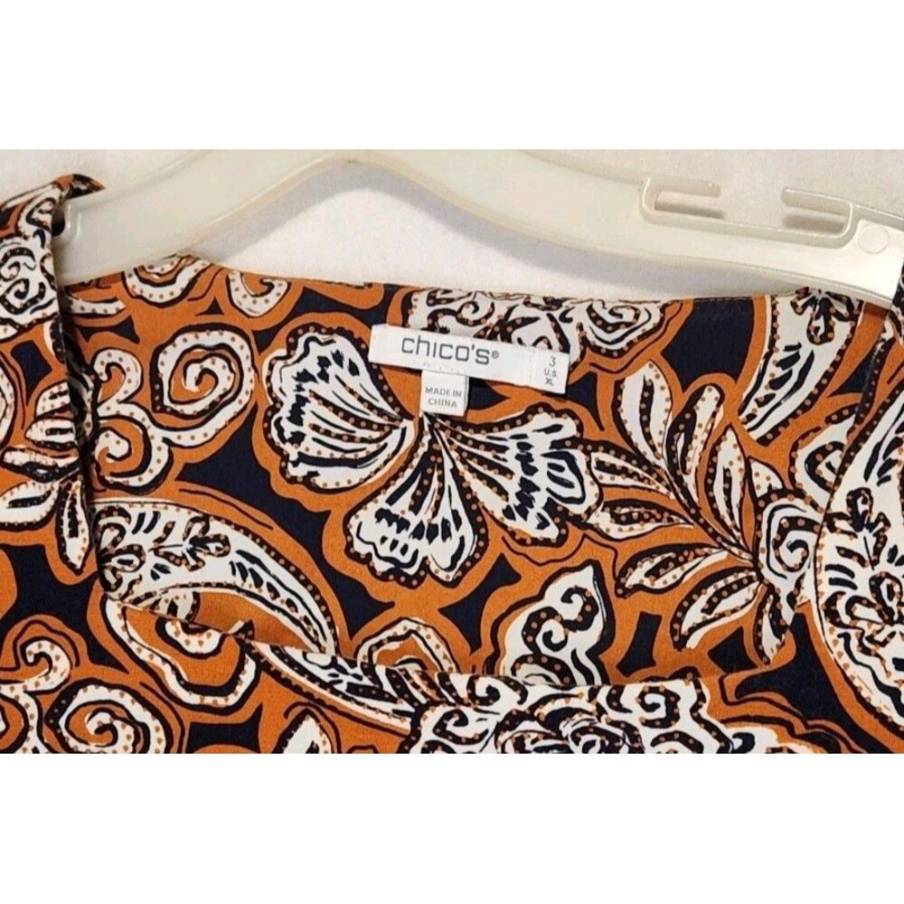 Chicos Size 3 XL Puff Short Sleeve Top Paisley Floral Navy Brown Casual Basic - Picture 4 of 12